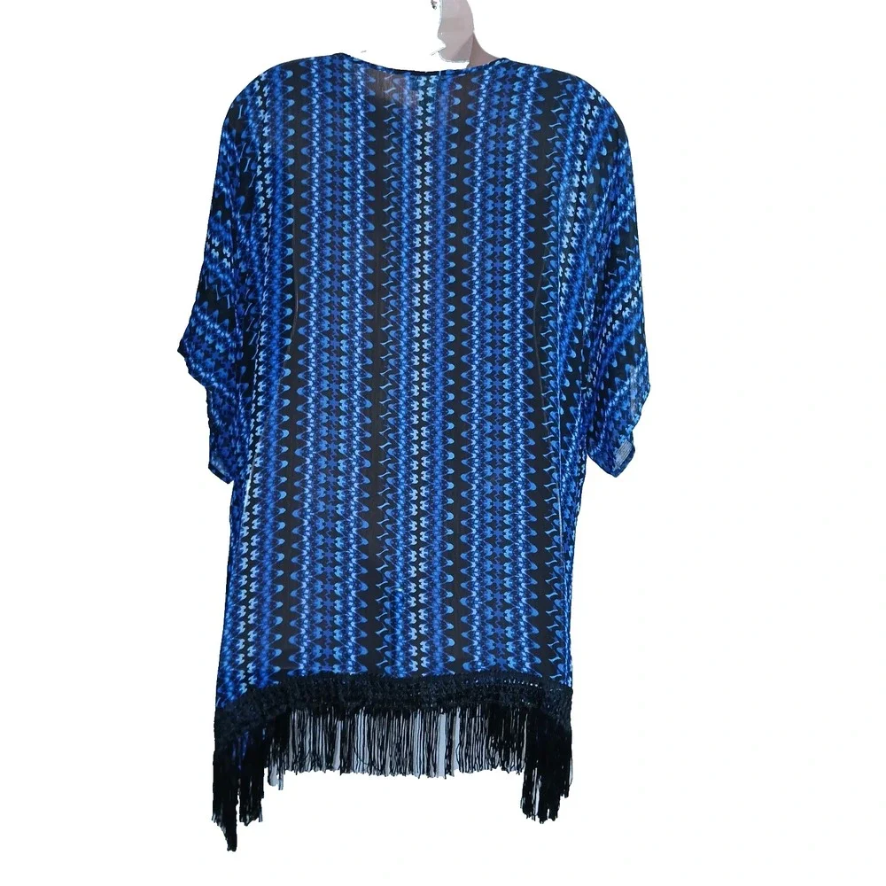 Catherines Women Fringe Tunic Top 4X 5X Blue Geometric Bohemian Sheer Coverup